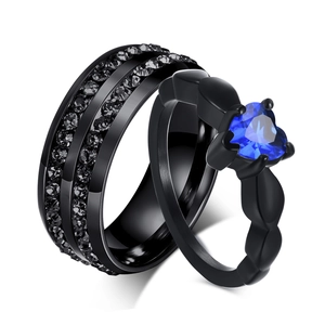 Titanium steel couple rings featuring black band with pave stones and blue heart zircon