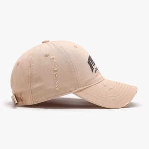 Distressed beige cotton baseball cap with letter embroidery and adjustable metal buckle