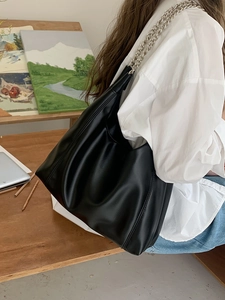 Large black soft PU leather hobo bag with stylish silver metal chain shoulder straps