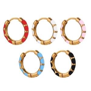 Classic gold plated stainless steel huggie earrings with colorful enamel polka dots