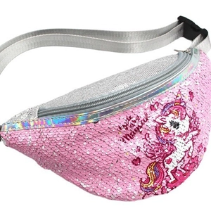 Pink sequin unicorn waist bag for girls with I'm so Magical slogan and silver strap