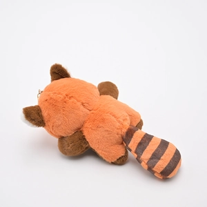 Cute red panda plush keychain with soft brown fur and striped tail on white background