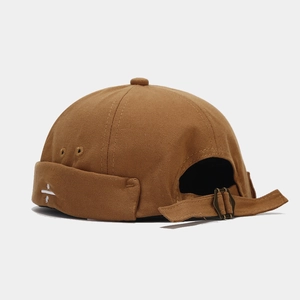Brown canvas miki hat with white division symbol embroidery and adjustable brass buckle
