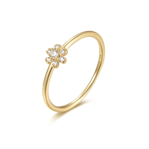 Minimalist S925 sterling silver ring with delicate gold flower and clear cubic zirconia