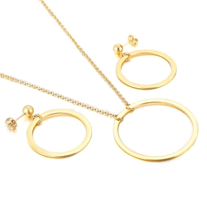 Elegant gold geometric hollow round necklace and matching earrings three-piece jewelry set