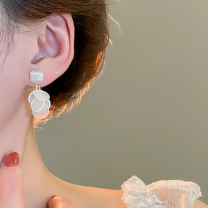 Detail view of round shell tassel earrings worn by a model in soft sunset lighting