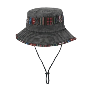 Outdoor washed dark grey bucket hat with ethnic woven tape and adjustable chin strap