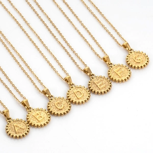 Golden titanium steel necklace set with letter A-G pendants in round coin style