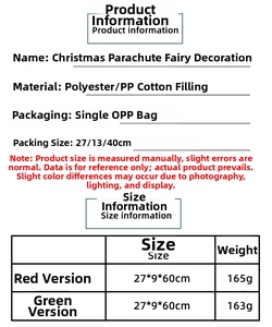 Detailed size specifications for Christmas parachute elf hanging decorations and material info