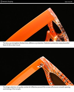 Macro shot of orange plastic frame details and durable metal hinges for square sunglasses