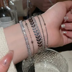 Stackable Copper Bracelet Set For Women With Zircon Leaf Arrow Tennis Chain Multi Layer Elegant Jewelry