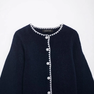 Dark blue knit cardigan for women with contrast scalloped embroidery and round buttons