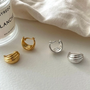 925 Sterling Silver Hoop Earrings Geometric C-Shape Corrugated Ribbed Texture Minimalist French Retro Style For Women