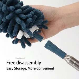 Blue chenille duster with extendable stainless steel pole and detachable head design