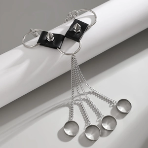 Punk style black PU leather bracelet with silver rivets and dangling metal chains for men