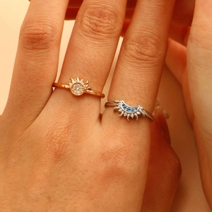 Minimalist copper sun and moon open rings set with zircon stones for couples