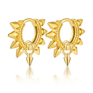 S925 Sterling Silver Spiked Ear Hoops For Men Women Punk Geometric Rivet Earrings Gold Silver Plated Rhinestone Jewelry