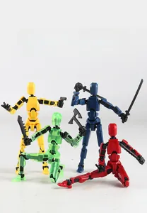 Detail of colorful 3D printed articulated action figures with various weapon accessories