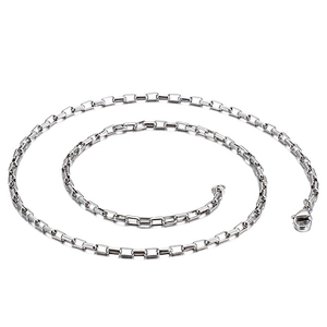 Minimalist silver stainless steel box chain necklace with lobster clasp on white surface