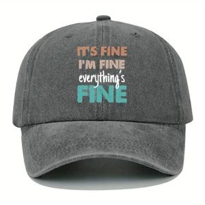 Detailed texture of grey washed denim baseball cap with colorful fine slogan print