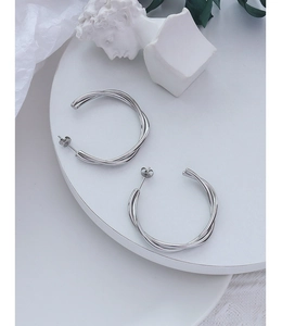 Close-up of silver-tone twisted double hoop earrings with a polished metallic finish