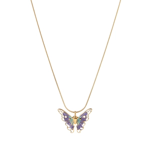 Elegant gold chain necklace with blue and purple butterfly pendant on white background
