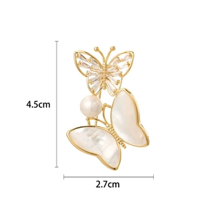 French vintage gold butterfly brooch with natural shell, pearls and cubic zirconia