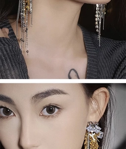 Close-up of golden tassel earrings with sparkling rhinestones worn by a fashion model