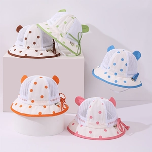 Detail of breathable mesh baby sun hats featuring colorful polka dots and cute ears