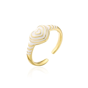 Vintage 18K gold plated heart ring with white enamel detailing in a 45-degree view