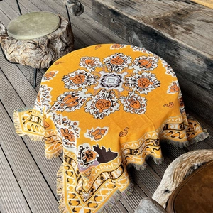 Bohemian mustard yellow knitted camping blanket with mandala floral patterns and fringe