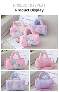 Detailed macro view of plush unicorn cross-body bag with rainbow fur and embroidery