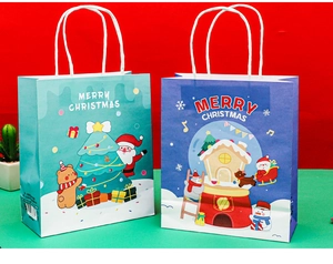 Detail of Christmas gift bags featuring snowman and reindeer patterns with sturdy handles