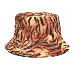 Detailed view of tiger print bucket hat featuring high-quality stitching and cotton twill texture