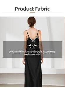 Vue détaillée du dos d'une chemise de nuit en satin noir avec dentelle élégante et fines bretelles