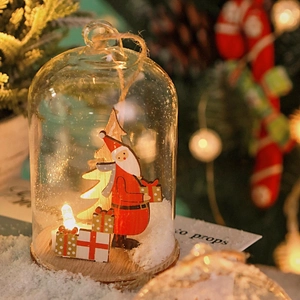 Luminous Christmas glass dome with wooden Santa and LED lights for festive desktop decor
