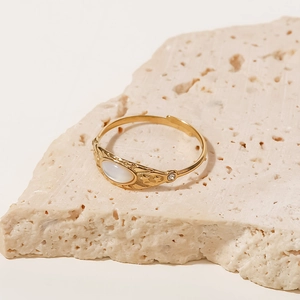 French vintage stainless steel open ring with zircon star texture and shell stone