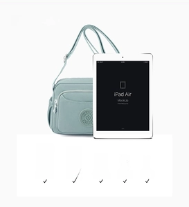 Waterproof nylon crossbody bag size comparison with iPad Air and interior capacity