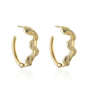 Detailed view of 18K gold plated snake hoop earrings featuring sparkling cubic zirconia