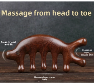 Details des Sandelholz-Massagekamms mit glatter Maserung und fünf runden Meridianzinken