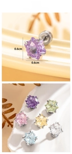 Detailed view of 6mm star-shaped zircon stud earrings in six vibrant colors