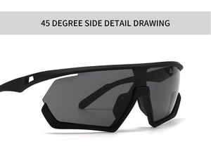 45-degree side view detail of oversized vintage sports sunglasses with black frame