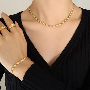 French Vintage Titanium Steel Jewelry Set For Women Geometric Hollow 18K Gold Plated Necklace Bracelet Rhinestone Decor