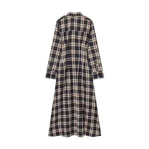 Back view of stylish long sleeve plaid midi dress with pleated waist and shirt collar