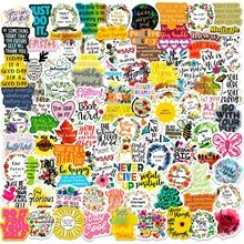 Close-up of 100pcs waterproof PVC stickers with floral and inspirational quotes