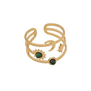 Vintage multilayer open ring with malachite green stones and gold sun moon star pattern