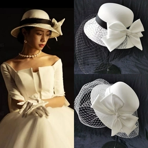 Vintage Pillbox Fascinator Hat With Mesh Veil Large Satin Bow Elegant Bridal Wedding Party Headpiece For Women