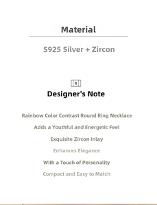 Detail specifications card for S925 sterling silver rainbow zircon circle necklace