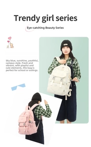 Front and back view of girls school backpacks in beige and pink with cute cartoon prints