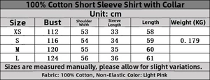 Size chart for women's 100% cotton short sleeve shirt showing measurements in cm
